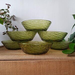 (Set - 6) Vintage Mid-Century Avocado Green Glass Bowls "Soreno" Anchor Hocking